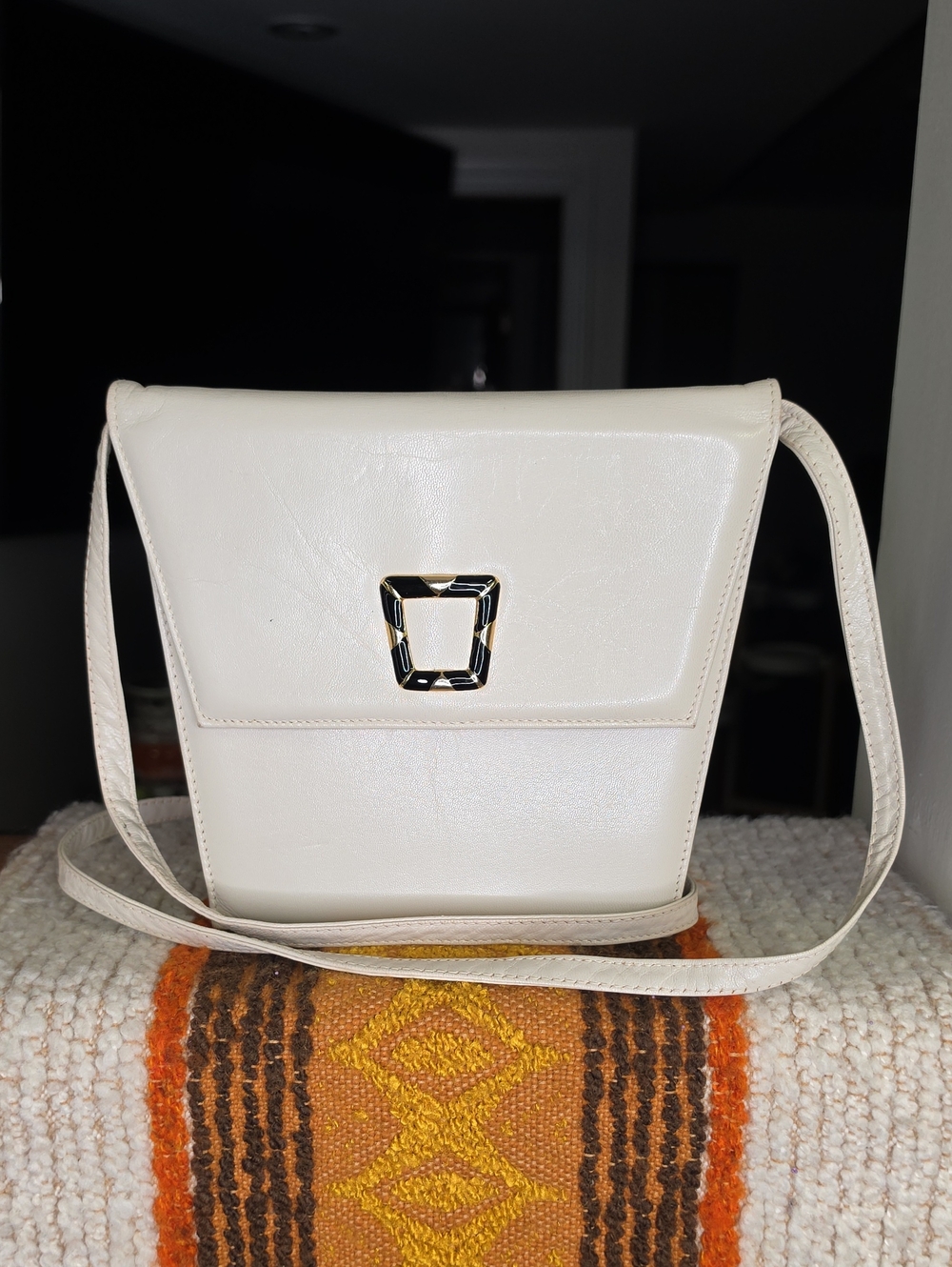 Vintage Cream Crossbody Bag with Gold Geometric Accent